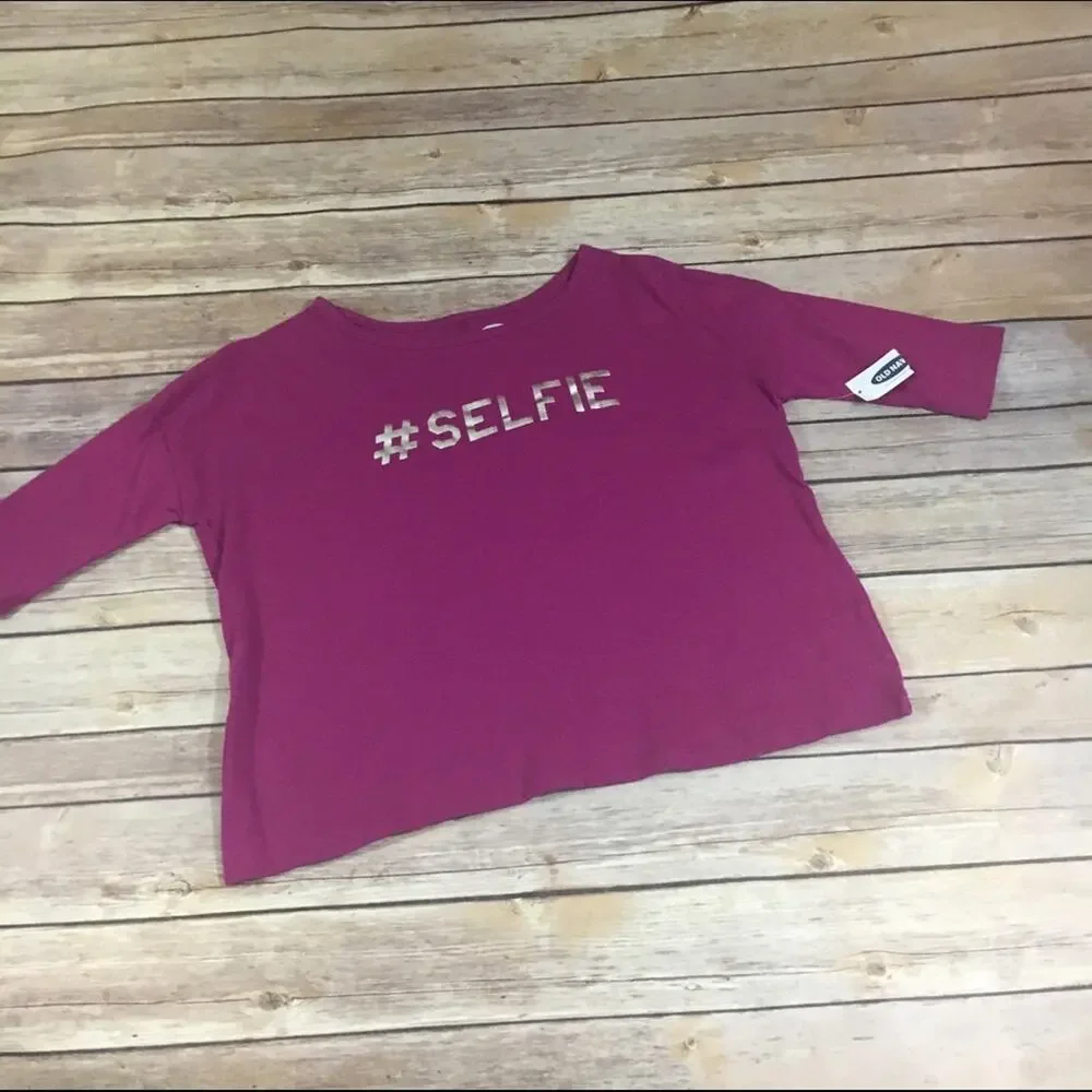 Old Navy Girls Top Size XS 5‎ Drop Shoulder Fuchsia Hashtag Selfie NEW